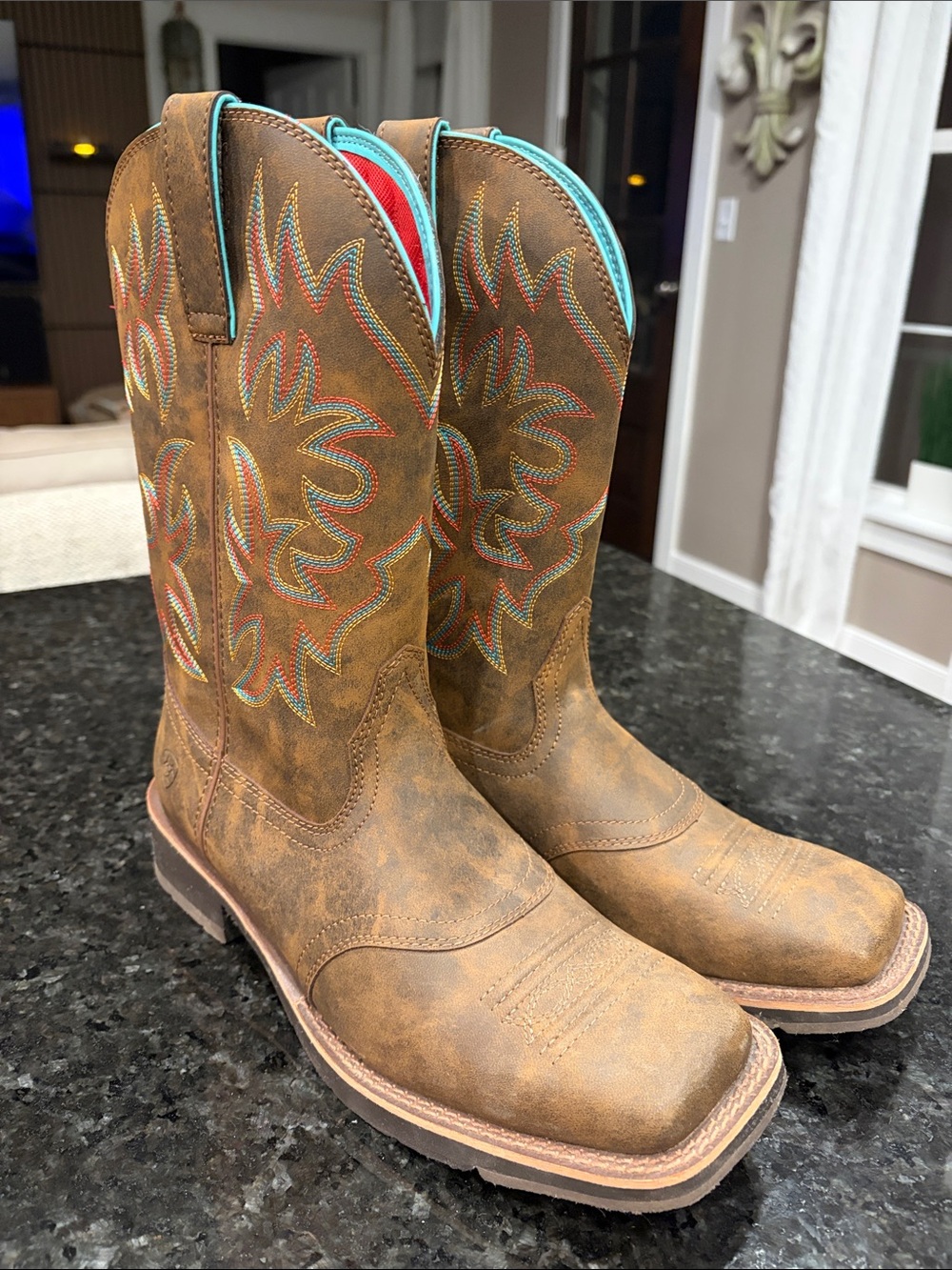 Ariat Brown Leather Western Embroidered Boots with Turquoise Trim